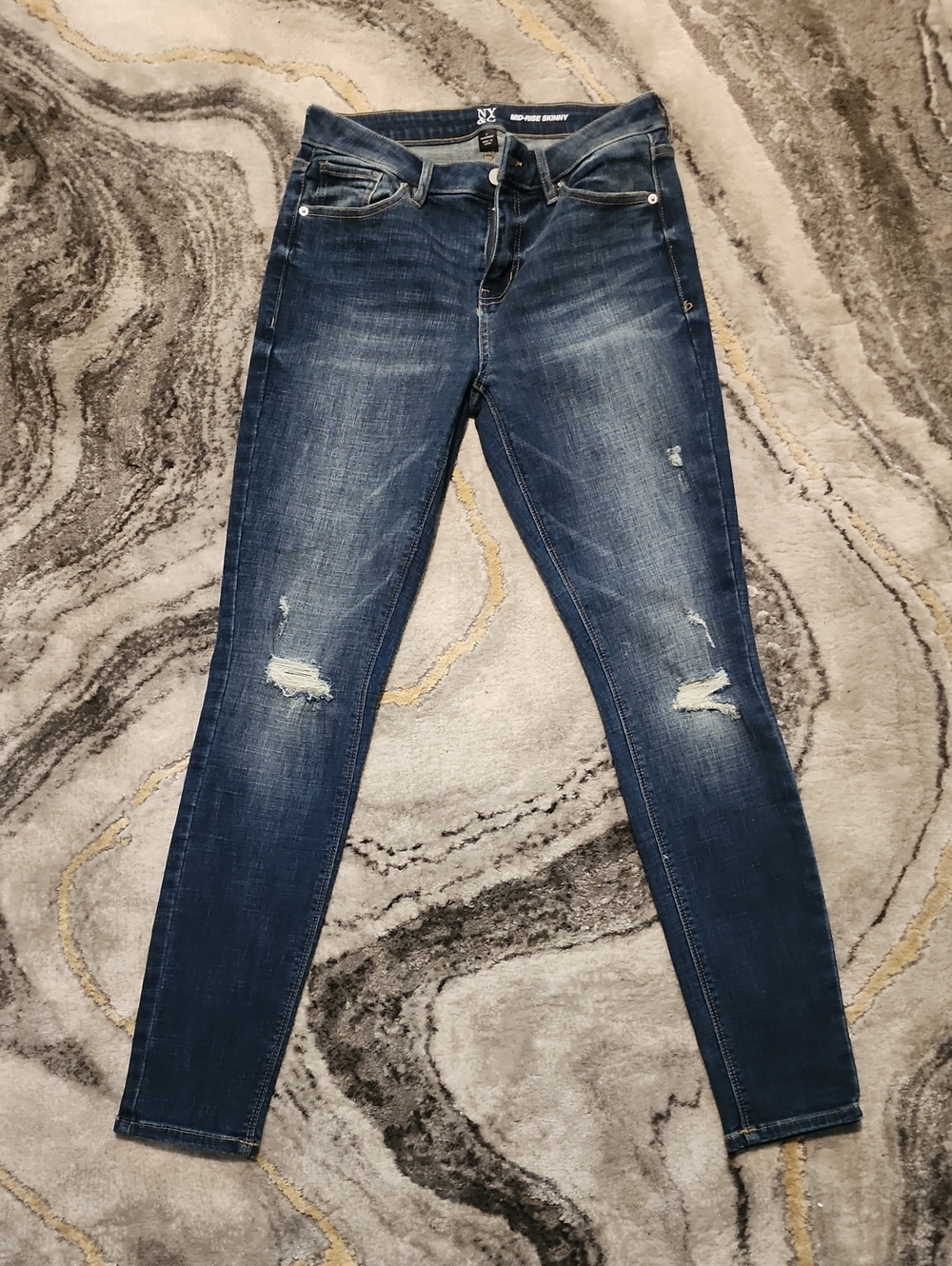 New York & Company Dark Blue Skinny Jeans with Distressed Detail